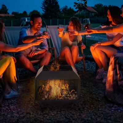 Outsunny Outdoor Steel Stove 44L x 44W x 40H cm with Poker Tool 600℃ Heat Resistance Garden Square Fire Pit Black