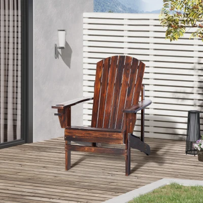 Outsunny Outdoor Classic Wooden Adirondack Deck Chair with Cup Holder - Carbonized Color