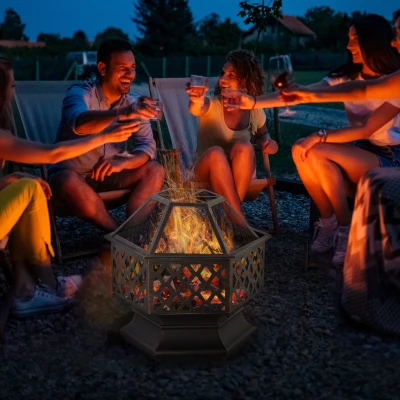 Outsunny Outdoor Metal Stove 62.5L x 55W x 63Hcm with Screen Cover, Poker, Round Handle, Portable Wood Burning Firebowl  for Patio Bronze