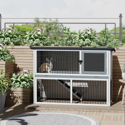 PawHut Small Animal Two-Level Fir Wood Hutch w/ Slide Out Tray Grey