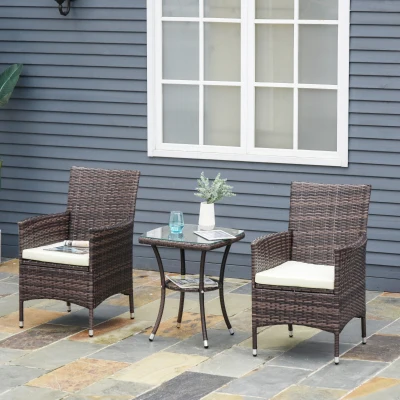 Outsunny 2-Seater Outdoor Rattan Armchair Dining Chair Garden Patio Furniture w/ Armrests Cushions Mixed Brown