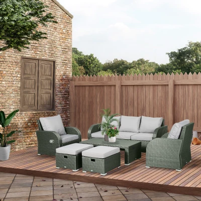 Outsunny Six-piece Outdoor Rattan Dining Set, with Reclining Armchairs - Grey