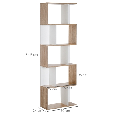 HOMCOM Estantería en Forma de S Alta con 5 Estantes Diseño Moderno para Salón Oficina 60x24x184,5cm Blanco y Madera(m-3)