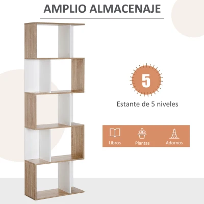 HOMCOM Estantería en Forma de S Alta con 5 Estantes Diseño Moderno para Salón Oficina 60x24x184,5cm Blanco y Madera(m-4)