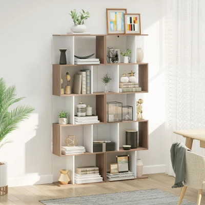HOMCOM Estantería en Forma de S Alta con 5 Estantes Diseño Moderno para Salón Oficina 60x24x184,5cm Blanco y Madera(m-7)