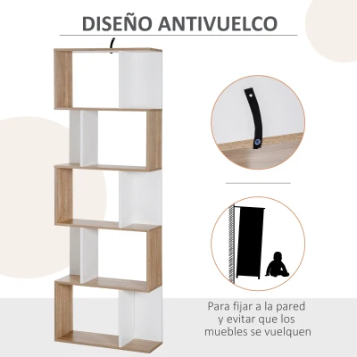 HOMCOM Estantería en Forma de S Alta con 5 Estantes Diseño Moderno para Salón Oficina 60x24x184,5cm Blanco y Madera(m-6)