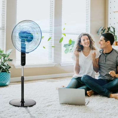 HOMCOM 18" Pedestal Fan, Oscillating Standing Fan with Remote Control, Floor Fan with Adjustable Height, 3 Speed, 7.5-Hour Timer, Black