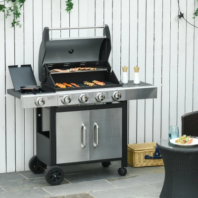Outsunny Gas Barbecue Grill 4+1 Burner Garden Smoker BBQ Trolley w/ Side Burner Warming Rack Side Shelves Storage Cabinet Piezo Ignition Thermometer Stainless Steel + Metal