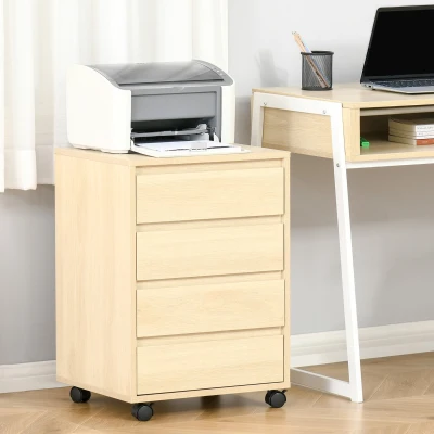 HOMCOM Rollcontainer Aktenschrank Büroschrank mit 4 Schubladen Lagerschrank Aufbewahrung Container MDF Natur 46 x 40 x 65 cm