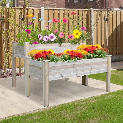 Outsunny Verhoogd bed 2 niveaus koude kas kruidenbed plantenbak met afvoergaten van massief hout