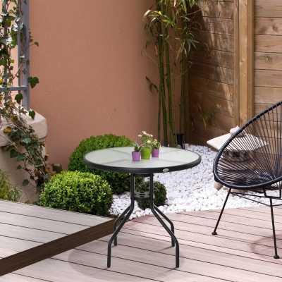 Outsunny® STÓŁ OGRODOWY BALKONOWY BISTRO MEBLE OGRODOWE OTWÓR NA PARASOL szkło hartowane + metal czarny Ø80 x 72 cm