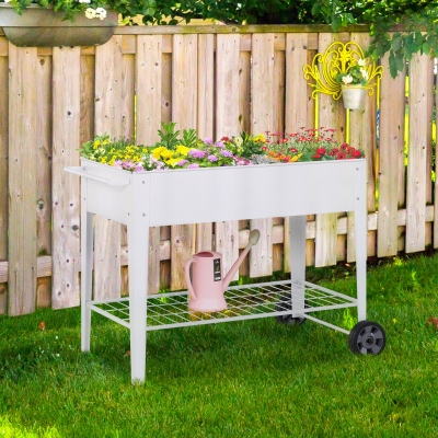 Podniesione łóżko Outsunny, mobilny wózek na rośliny ze schowkiem, kwietnik na 2 kółkach, metal, biały, 107,5 x 50 x 80 cm