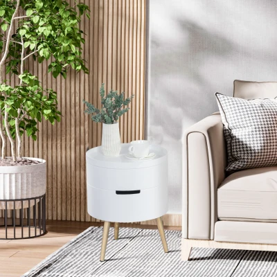 HOMCOM Nachttisch rund Beistelltisch Sofatisch mit 2 Stauräume Couchtisch frei kombinierbar Wohnzimmer Holz Weiß Ø38 x 48,3 cm