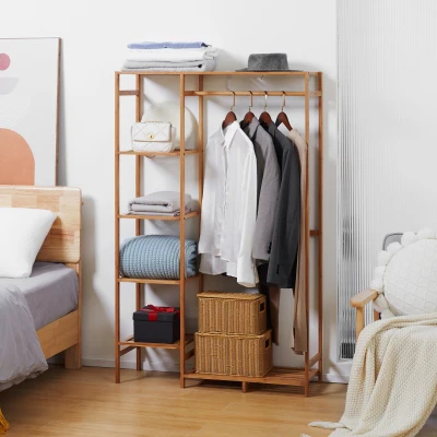 HOMCOM Suporte para Cabides de Bambu com Prateleira de Armazenamento de 6 Níveis e Vara Supensa 90x30x145 cm Madeira