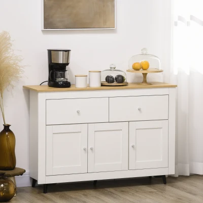 HOMCOM Aparador Móvel Auxiliar de Cozinha com 2 Gavetas 3 Portas e Prateleira Ajustável Móvel de TV de até 50 Polegadas 117x35x80 cm Branco e Madeira