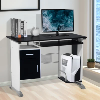 HOMCOM Mesa para Computador com Gaveta Armário e Suporte para CPU Secretária para Escritório 100x52x75cm  Preto e Branco