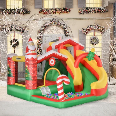 HOMCOM Hüpfburg mit Weihnachtsmotiv, selbstaufblasend, inkl. Gebläse, 290 cm x 280 cm x 220 cm, Gelb + Grün + Rot
