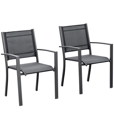 Outsunny Garden Chairs Set of 2, Outdoor Chairs with Steel Frame and Texteline Seats for Dining, Patio, Balcony - Dark Grey and Black