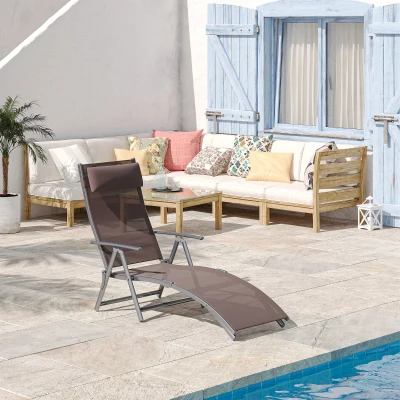 Outsunny Outdoor Metal Sun Lounger Reclining Chair with 7 Level Adjustable Backrest 115cm wide Textilene Seat for Patio Garden Balcony Brown