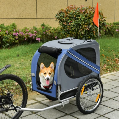 PawHut Folding Dog Bike Trailer Pet Cart Carrier for Bicycle Travel in Steel Frame with Hitch Coupler - Blue & Grey