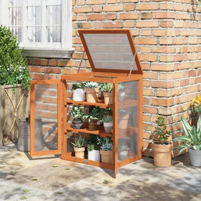Outsunny 3-tier Wood Cold Frame, Garden Polycarbonate Greenhouse, Balcony Grow House w/ Storage Shelf for Plants, Flowers, 58 x 44 x 78 cm, Orange