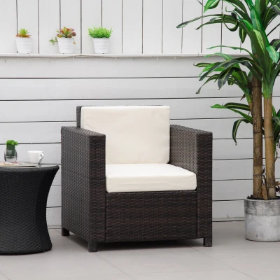 Outsunny Outdoor Rattan Garden Furniture Single Sofa Chair with Waterproof fabric Washable Cushions Mixed Brown