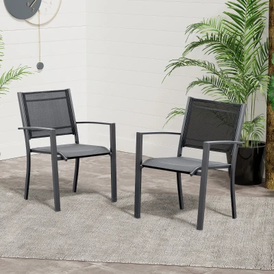 Outsunny Garden Chairs Set of 2, Outdoor Chairs with Steel Frame and Texteline Seats for Dining, Patio, Balcony - Dark Grey and Black