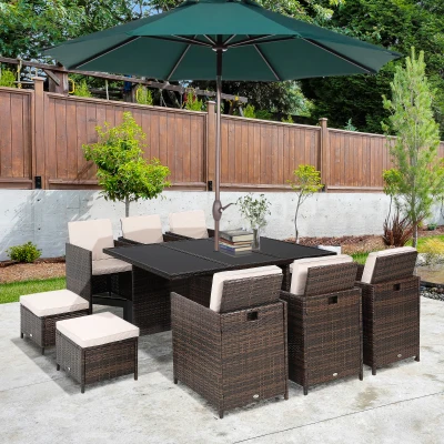 Outsunny Outdoor 11pc Rattan Garden Furniture Patio Dining Set 10-seater Cube Sofa Weave Wicker 6 Chairs 4 Footrests & 1 Table Mixed Brown