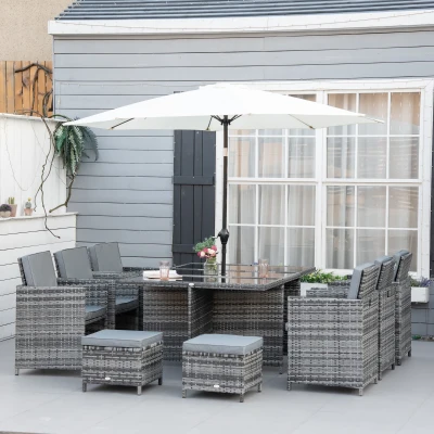 Outsunny 10 Seater Rattan Dining Table and Chairs Outdoor Bistro Table Set with Parasol Hole Footrest for Garden Yard Grey