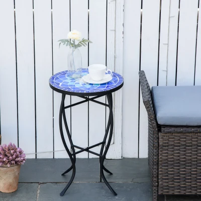 Masuta de gradina rotunda, metal si ceramica, albastru