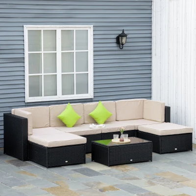 Outsunny Conjunto de Móveis de Jardim de Vime PE Conjunto de 7 Peças Mesa Sofás Bancos com Almofadas Laváveis Preto Areia e Verde