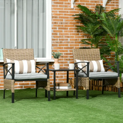 Outsunny Conjunto Mesa y 2 Sillas de Jardín de Ratán Sintético con 2 Cojines Decorativos 46x46x48 cm y 59x71x80 cm Marrón