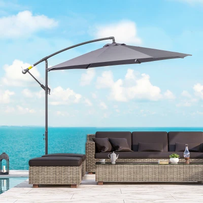 Outsunny 3m Cantilever Parasol, Hanging Parasol,  with Crank Mechanism, Cross Base, Banana Hanging Rattan Set Parasol, Grey