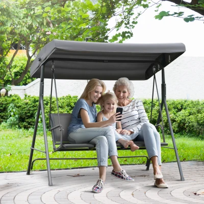 Outsunny 3 Seater Garden Swing Bench, Outdoor Swing Chair Hammock with Adjustable Canopy and Steel Frame, Grey