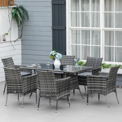 Outsunny 6-Seater Rattan Garden Table & Chairs, Rattan Dining Set, Garden Furniture Patio Rectangular Table Cube Chairs Outdoor, Grey