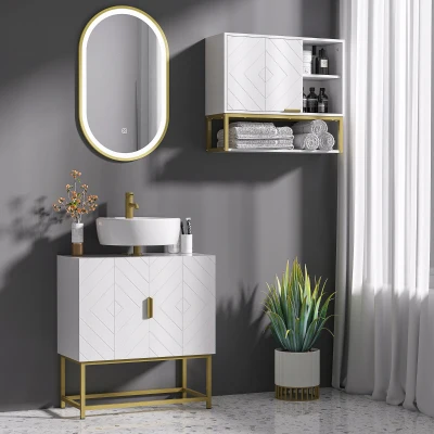 kleankin Móvel para Lavatório Pousar Moderno com 2 Portas e Pés de Aço 60x30x65 cm Branco e Dourado