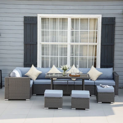 Outsunny 10-Piece Rattan Corner Dining Sofa Set Grey/Blue