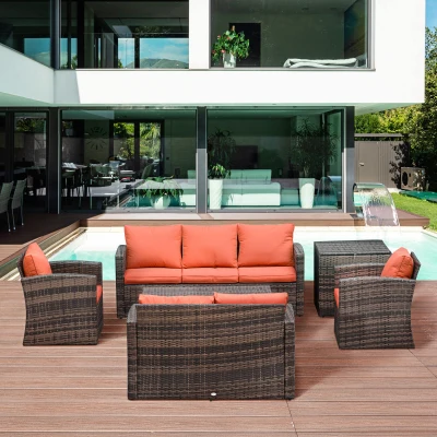 Outsunny 6 PCS Patio Rattan Wicker Sofa Set Conversation Furniture w/ Storage & Cushion