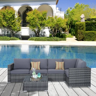 Outsunny 4 PCs Rattan Garden Furniture Sets Wicker Patio Conservatory Dining Set with Corner Sofa Loveseat Coffee Table Cushions for Balcony Backyard Pool, Grey