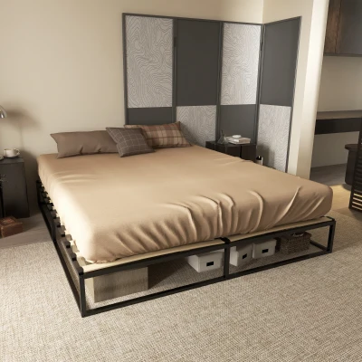 HOMCOM Estrutura de Cama de Aço Altura 25 cm Estrado de Cama para Colchão 180x200 cm com Ripas de Madeira para 1-2 Pessoas Preto