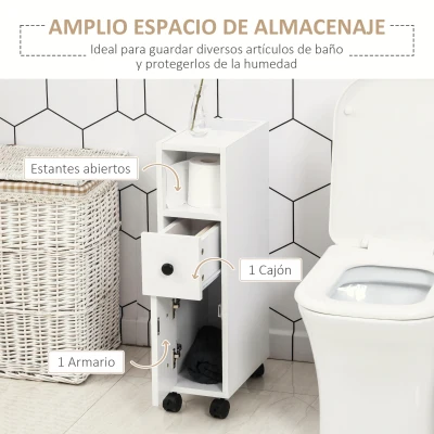 kleankin Armario de Baño con Ruedas Mueble Auxiliar para Baño con Estante Abierto Puerta y Cajón 18x30x68,5 cm Blanco(m-4)