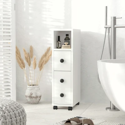 kleankin Armario de Baño con Ruedas Mueble Auxiliar para Baño con Estante Abierto Puerta y Cajón 18x30x68,5 cm Blanco(m-2)