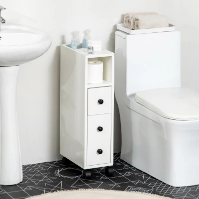 kleankin Armario de Baño con Ruedas Mueble Auxiliar para Baño con Estante Abierto Puerta y Cajón 18x30x68,5 cm Blanco(m-7)