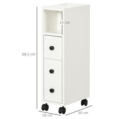 kleankin Armario de Baño con Ruedas Mueble Auxiliar para Baño con Estante Abierto Puerta y Cajón 18x30x68,5 cm Blanco(m-3)