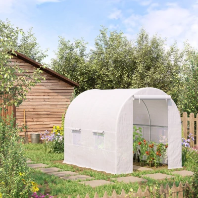 Outsunny 2.5 x 2 x 2 m Large Walk-In Tunnel Greenhouse, Outdoor Polytunnel Plant Shelter, Galvanised Steel Frame, White