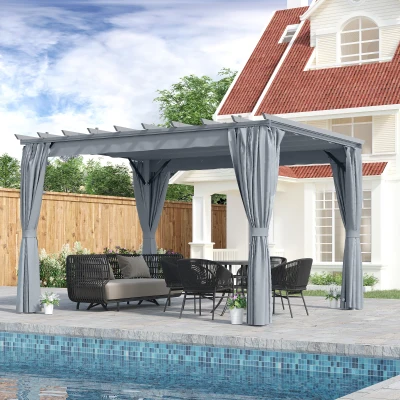 Outsunny 3.6 x 3m Outdoor Retractable Pergola with Curtains and Aluminum Frame, Garden Gazebo Canopy Sun Shade Shelter, Dark Grey