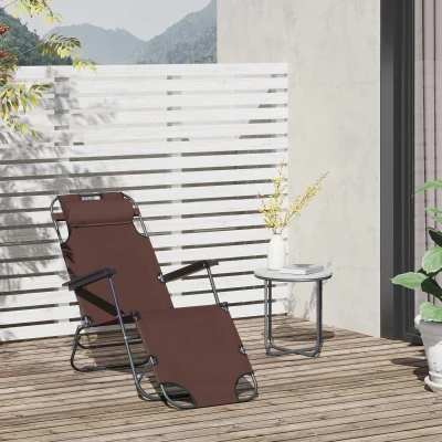 Outsunny Foldable Outdoor Sun Lounger, Reclining Camping Chair with Adjustable Back, Armrest, Headrest Pillow, Brown