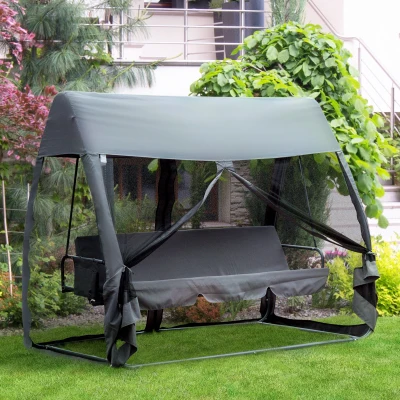 Outsunny Swing Chair Lounger Bed Hammock 3 Person Mesh Wall Canopy Grey Garden Patio