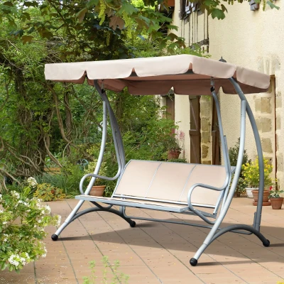 Outsunny 3 Seater Garden Swing Seat, Steel Swing Chair Bench with Adjustable Canopy for Outdoor Patio Porch, Beige