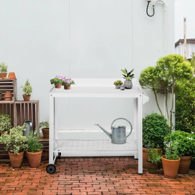 Outsunny Metal Outdoor Gardening Bench with 2 Wheels Side Hanger Potting Table Bottom Mesh Shelf Push Cart White